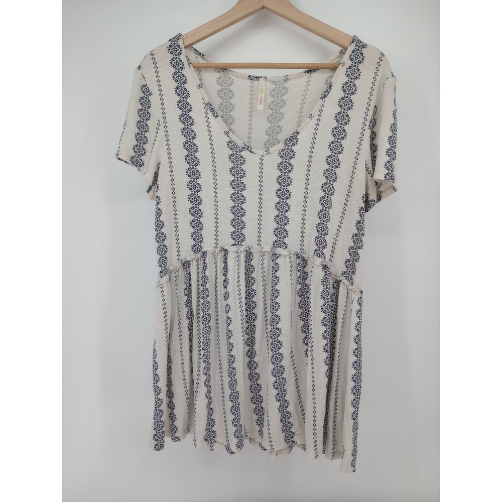 Lime n Chili Babydoll Top Women Medium Ivory Blue Geometric Print Short Sleeve
